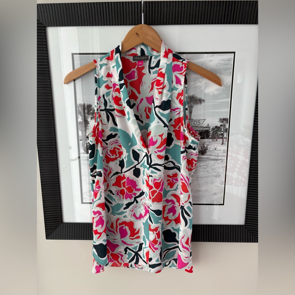 Vince Camuto Petite Small Floral Sleeveless Blouse Pink Teal V-Neck